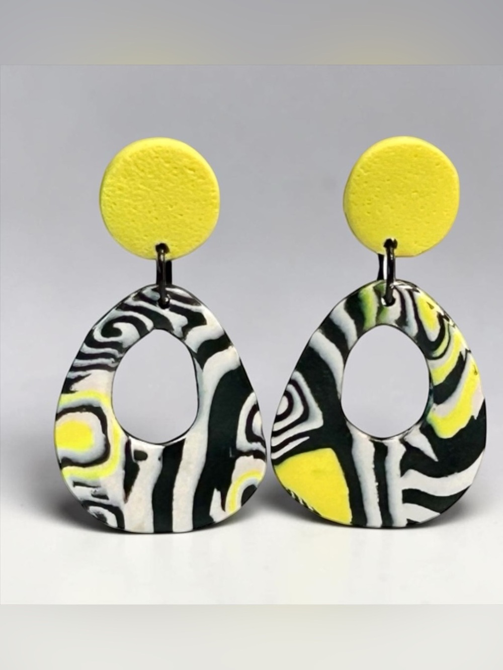 Handmade Yellow Black & White Graphic Print Polymer Clay LG Dangle Earrings SS